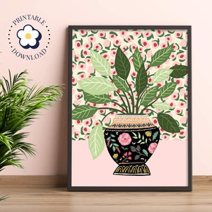 Florero antiguo arte de pared de planta botánica imprimible, cartel de maceta de planta floral rosa pastel, impresión de planta de casa de cocina de baño maximalista moderno