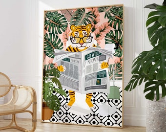 Tiger auf Toilette Badezimmer Druck, Tier auf Toilette Lustiges Badezimmer Wandkunst, Buntes Botanisches Badezimmer Kunst Poster, Maximalistisches Badezimmer Dekor