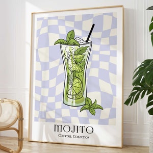 Mojito Cocktail Print, Kleurrijke Bar Cart Gallery Wall Art, Retro Cocktail Poster, Keuken Bar Drinkt Alcohol Download, Uniek cadeau voor haar