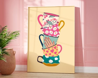 May include: A stack of four colorful teacups with floral and heart patterns. The cups are stacked on top of each other, with the top cup being a pink and white floral design. The second cup is a blue and white floral design. The third cup is a green cup with a hand painted design. The bottom cup is a yellow cup with a red heart pattern.