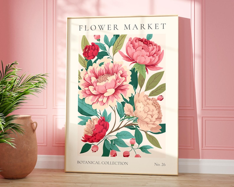 Pu&ograve; includere: Una stampa botanica con peonie rosa e rosse con foglie verdi. La stampa ha il testo "FLOWER MARKET" in alto e "BOTANICAL COLLECTION No. 26" in basso.