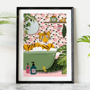 Tiger in Bath Bathroom Art Print, Maximalist Animal in Bathtub Jungle Wall Art, Funny Bathroom Printable, Eclectic Boho Bathroom Home Decor