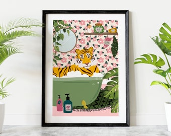 Tiger in Bath Bathroom Art Print, Maximalist Animal in Bathtub Jungle Wall Art, Funny Bathroom Printable, Eclectic Boho Bathroom Home Decor