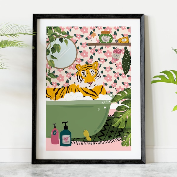 Tiger in Bath Bathroom Art Print, Maximalist Animal in Bathtub Jungle Wall Art, Funny Bathroom Printable, Eclectic Boho Bathroom Home Decor