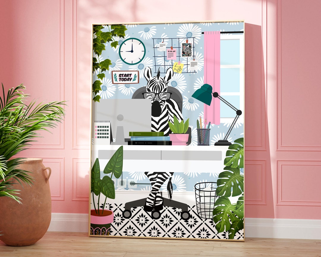 Zebra Work From Home Print, Modern Office Decor, Funny Abstract Office ...