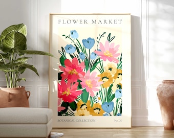 Stampa audace del mercato dei fiori, arte murale con fiori selvatici, poster del mercato dei fiori, stampa per soggiorno, decorazione da parete per camera da letto, stampe floreali astratte moderne