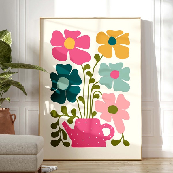 Scandinavian Flowers Wall Art, Colourful Abstract Flower Print, Pink Blue Yellow Floral Art, Modern Botanical Plant Print, Living Room Decor