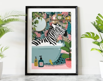 Zebra in Bathtub Botanical Animal Print, Maximalist Animal in Bath Wall Art, Tropical Bathroom Safari Pink Printable, Jungle Bathroom Decor