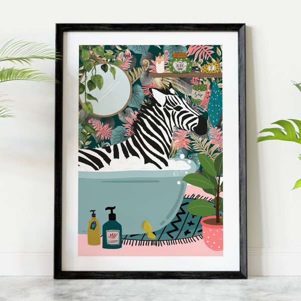 Zebra in badkuip botanische dierenprint, maximalistisch dier in badmuurkunst, tropische badkamer safari roze afdrukbaar, jungle badkamer decor