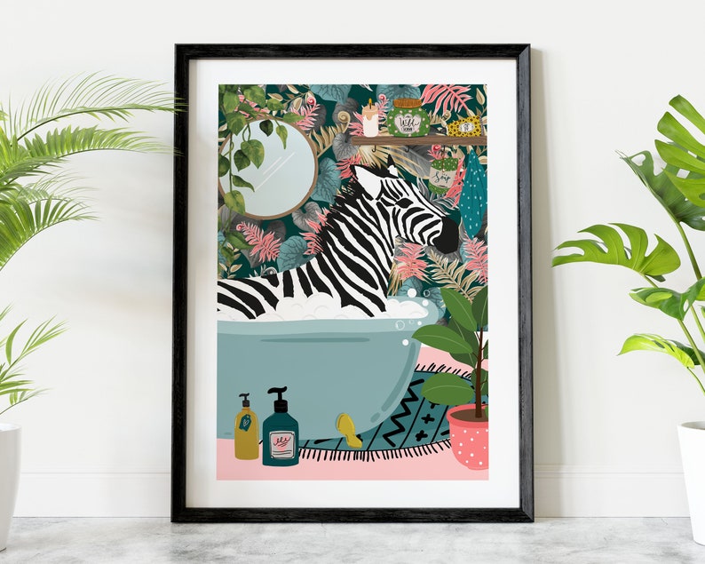 Zebra in Bathtub Botanical Animal Print, Maximalist Animal in Bath Wall Art, Tropical Bathroom Safari Pink Printable, Jungle Bathroom Decor 