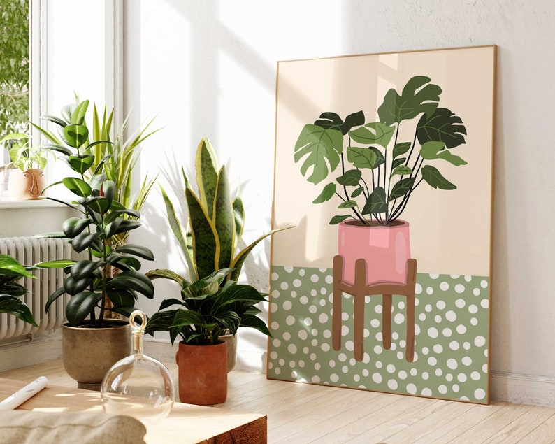 Dalmation Botanical Art Print, Modern Polkadot Plant Print, Spotty Boho Houseplant Wall Art, Plant Lover Gift, Potted Plant Art Print Poster image 5