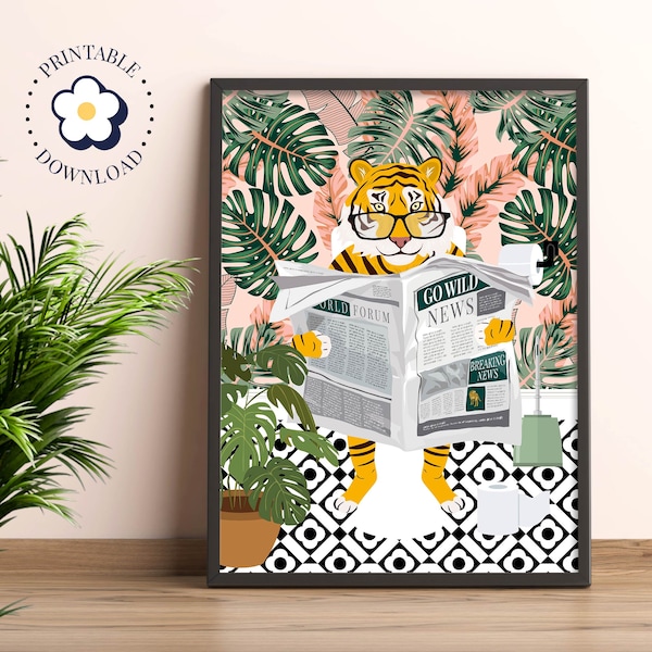 Tiger on Toilet Print, Animal on Toilet Funny Bathroom Wall Art