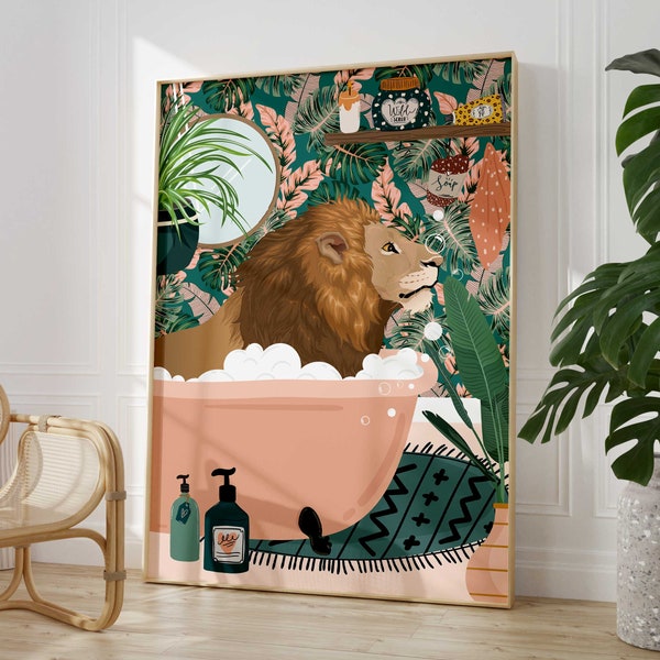 Lion Bathroom Wall Art, Funny Animal Bathroom Prints, Toilet Art Decor, Kids Bathroom Decor, Maximalist Wall Art, Tropical Bathroom Poster
