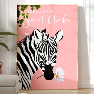 Take A Seat Sweet Cheeks Zebra Bathroom Print, Maximalist Colourful Botanical Bathroom Decor, Animal Toilet Eclectic Green Bathroom Wall Art