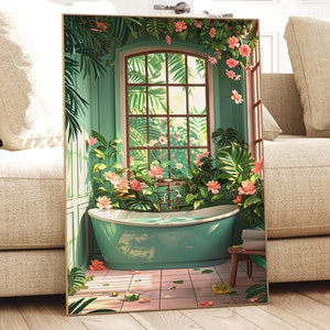 Colourful Botanical Bathroom Art Print, Painting of Tropical Bathroom ...