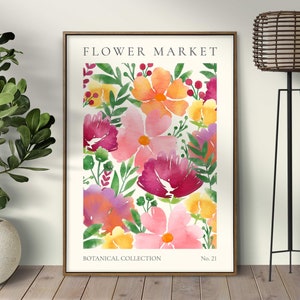 May include: A watercolor print featuring a floral pattern with pink, red, yellow, and orange flowers on a white background. The print has the text "FLOWER MARKET" at the top and "BOTANICAL COLLECTION No. 21" at the bottom.