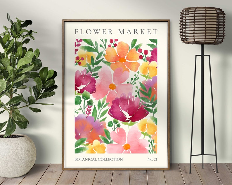 May include: A watercolor print featuring a floral pattern with pink, red, yellow, and orange flowers on a white background. The print has the text "FLOWER MARKET" at the top and "BOTANICAL COLLECTION No. 21" at the bottom.