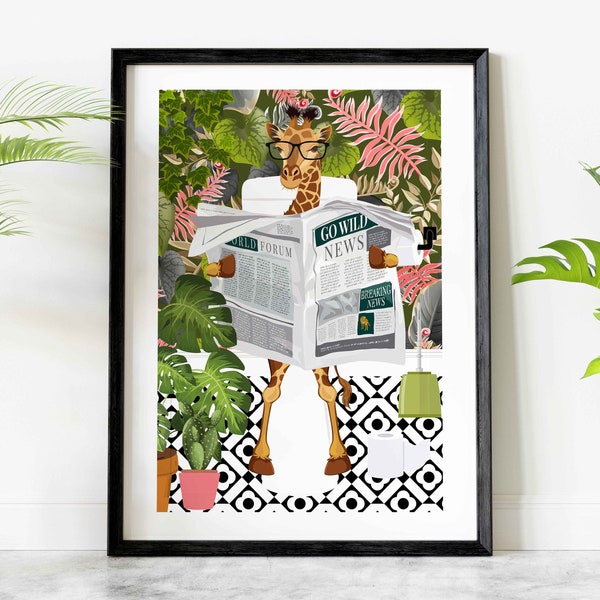 Giraffe on Toilet Funny Bathroom Print, Whimsical Animal on Toilet Kids Fun Bathroom Wall Art, Tropical Jungle Bathroom Decor, Cloakroom Art