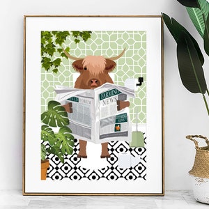 Highland Cow on Toilet Funny Bathroom Print, Funny Bathroom Wall Decor, Funny Animal in Bathroom Maximalist Wall Art, Quirky Toilet Prints