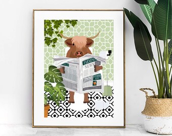 Impresión divertida de vaca de las Tierras Altas en el inodoro, decoración divertida para la pared del baño, arte mural maximalista con animales divertidos en el baño, impresiones originales para el inodoro.