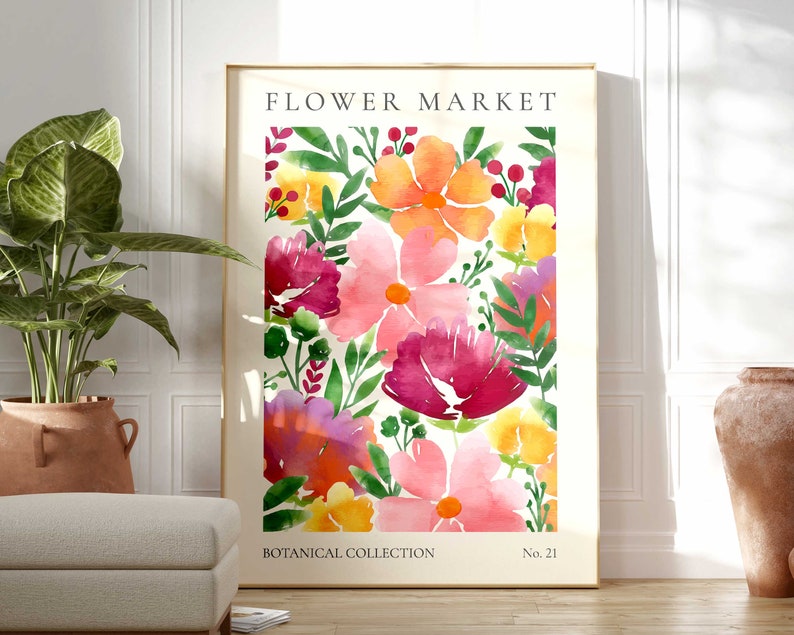 May include: A watercolor painting of a floral arrangement with pink, red, orange, and yellow flowers. The painting is titled "FLOWER MARKET" and is part of a "BOTANICAL COLLECTION" with the number "No. 21".