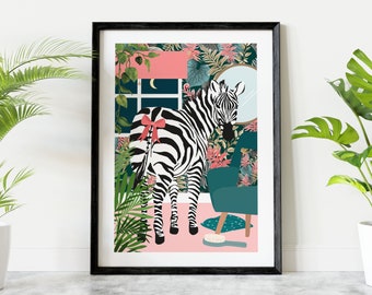 Zebra Bathroom Animal Print, Funny Tropical Bathroom Printable Wall Art, Quirky Animal Bathroom Art, Maximalist Botanical Bedroom Decor