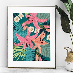Ljust tropiskt mönster botanisk poster väggkonst, trendigt rosa exotiskt blommigt djungelbladtryck, djärva abstrakta blommor trendig konstutskrivbar
