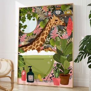 Giraffe Bathroom Wall Art, Funny Animal Bathroom Print, Toilet Art Decor, Kids Bathroom Decor, Maximalist Wall Art, Tropical Bathroom Poster