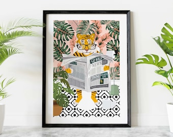 Tiger on Toilet Print, Animal on Toilet Funny Bathroom Wall Art, Tropical Pink Botanical Bathroom Humour Art Print, Animal Reading Newspaper