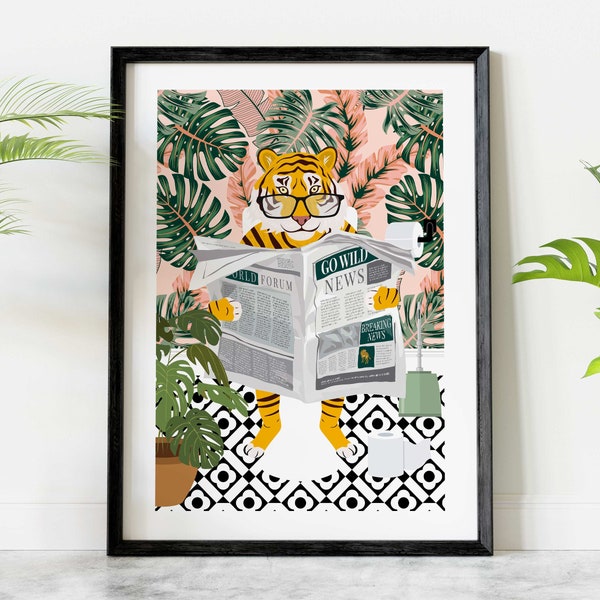 Tiger on Toilet Print, Animal on Toilet Funny Bathroom Wall Art, Tropical Pink Botanical Bathroom Humour Art Print, Animal Reading Newspaper