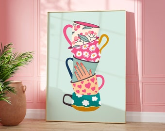 May include: A stack of colorful teacups with floral and heart patterns. The cups are stacked on top of each other, with the top cup being a pink and white floral design. The second cup is a green and white floral design. The third cup is a pink and white heart design. The bottom cup is a teal and white cloud design.