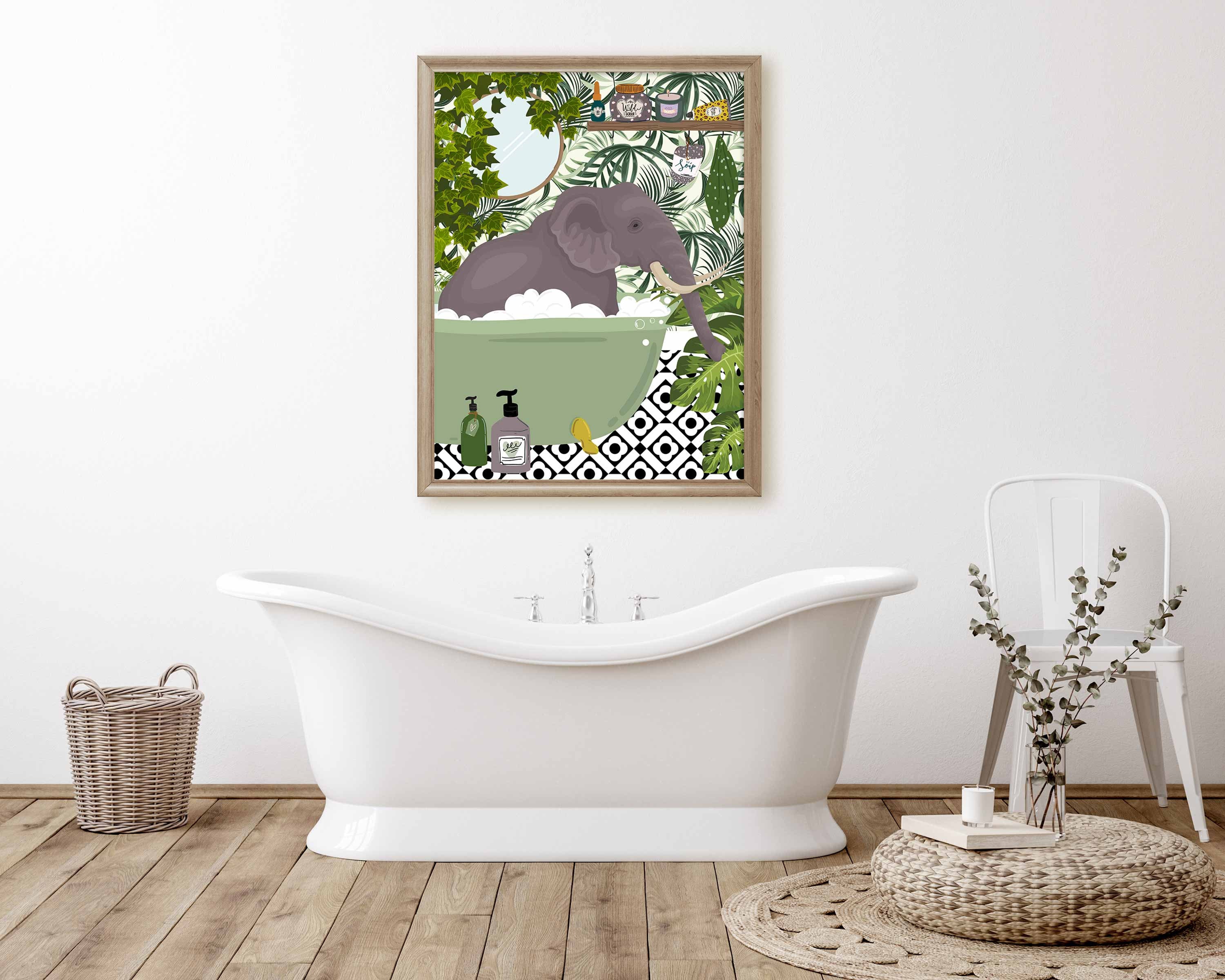 Elephant in Bathtub Bathroom Prints, Maximalist Animal in Bath Wall Art ...