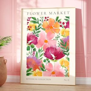 Pink Flower Market Print, Watercolour Flower Wall Art, Flower Market Poster, Living Room Bedroom Wall Décor, Modern Abstract Plant Wall Art