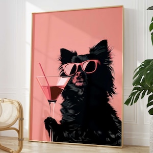 Czarny Pies Różowy Koktajl Bar Cart Print, Minimalistyczny Fajny Pies Okulary Martini Plakat, Letnia Zabawa Kuchnia Nowoczesna Sztuka Ścienna, Prezent Dla Miłośnika Psów