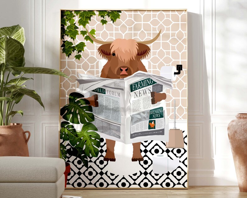 Highland Cow on Toilet Art Print, Animal on Toilet Funny Bathroom Wall ...