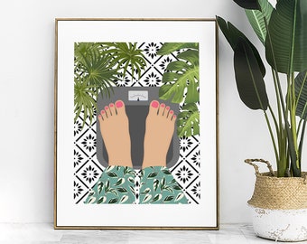 Self Care Weight Loss Bathroom Decor, Self Love Botanical Scales Bathroom Wall Art, Tropical Maximalist Geometric Tile Houseplant Printable