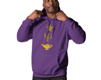 May include: Purple hooded sweatshirt with a gold star, a gold lamp, and a gold Greek letter psi on the front.