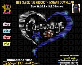 Instant Download Rhinestone Template Football, cowboys rhinestone svg for Cricut, Cameo,Heart Rhinestone football fan Svg cut file