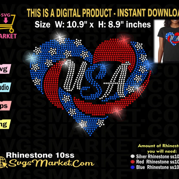 USA strass sjabloon Svg instant download, patriottische strass svg gesneden bestand, patriottische hart strass svg, 4 juli strass download