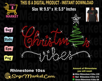 May include: A digital download design for a rhinestone Christmas tree and the word "Christmas" in red rhinestones. The design is 9.5 inches wide and 5.5 inches tall. The design requires 130 silver, 173 red, and 68 green rhinestones.