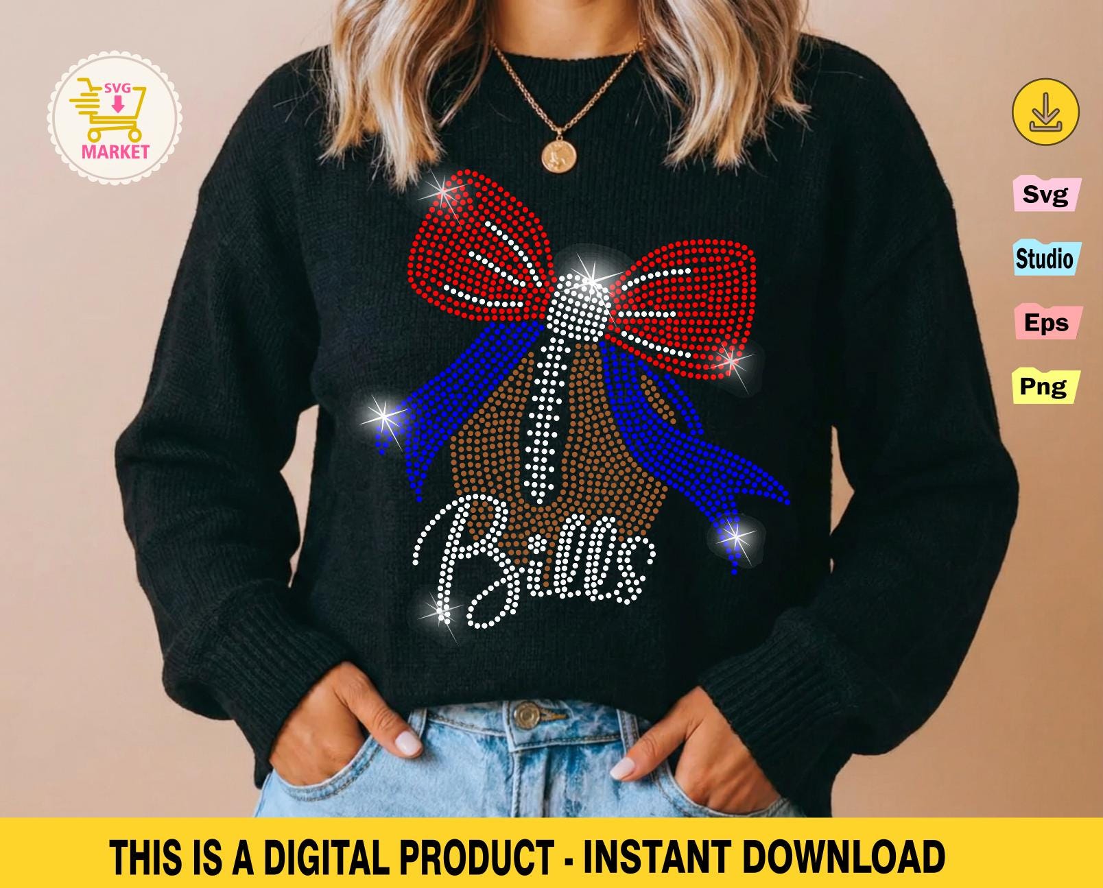 Football Bow Coquette Bills Rhinestone Template SVG, PNG, Digital ...