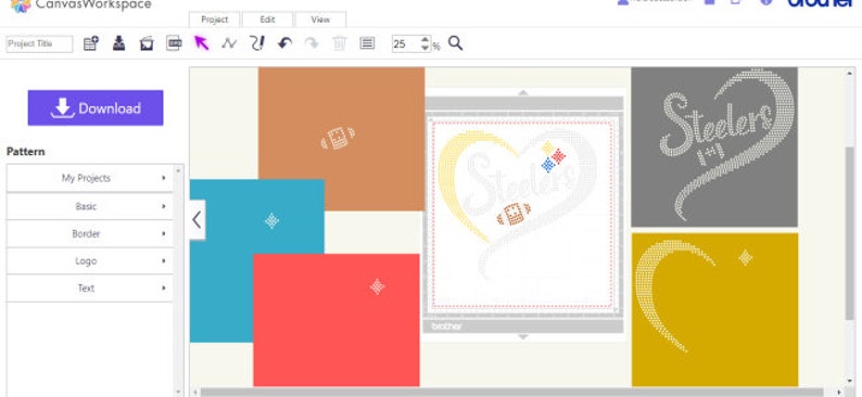 May include: A screen shot of a design software program showing a variety of designs for a t-shirt. The designs include a football, a heart with the word "Steelers" inside, and a heart with the word "Steelers" in a script font. The designs are in different colors, including red, blue, yellow, and gray.
