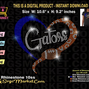 Gators Instant Download Strass Vorlage, Gators Strass für Cricut, Cameo, Herz Strassstein svg, Fußballfan svg
