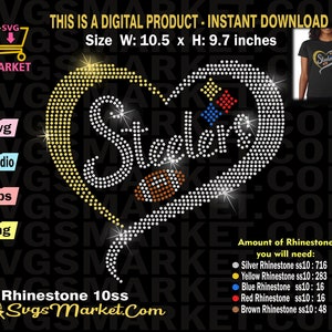 May include: A rhinestone design of a heart with the word "Steelers" inside. The heart is outlined in gold rhinestones and the word "Steelers" is in clear rhinestones. There is a football in the center of the heart. The design is 10.5 inches wide and 9.7 inches high. The image also shows the amount of rhinestones needed for each color: silver, yellow, blue, red, and brown.