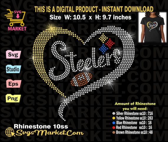Instant Download Rhinestone Template Football Steelers, Steelers heart rhinestone svg for Cricut,Cameo,football fan cut file instant dwnload