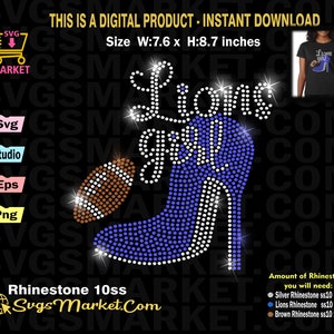 Lions Girl voetbal SVG Instant Download Strass sjabloon, Lions Strass SVG voor Cricut, Cameo, Yid Rhinestone voetbalfan