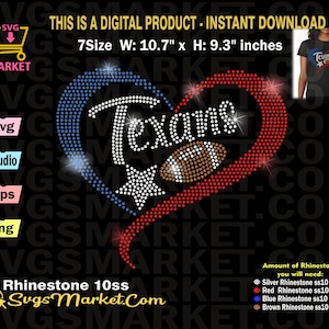 May include: Rhinestone design for a t-shirt featuring a heart with the word "Texas" inside, a football, and a star. The heart is made of red, white, and blue rhinestones. The design is 27.2 cm wide and 23.6 cm tall.