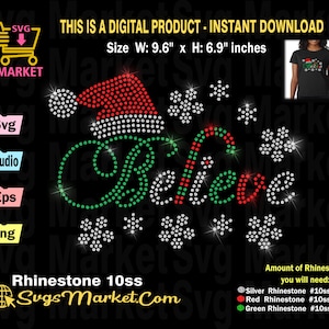Plantilla svg de Believe Rhinestone, svg de diamantes de imitación navideños para Cricut, Silhouette, Yid Rhinestone, plantilla de transferencia de diamantes de imitación svg
