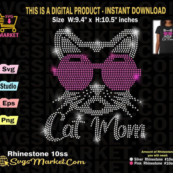 Plantilla SVG de diamantes de imitación para mamá de gato, SVG de diamantes de imitación para mamá para Cricut, Silhouette, SVG de diamantes de imitación rosa para gato, SVG de diamantes de imitación para gafas de sol ss10