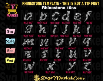 May include: A black graphic displaying a rhinestone alphabet, labelled "Rhinestone 10ss." Each letter is made of small, sparkling rhinestones. The image includes the text "Rhinestone Template - This is Not a TTF Font" and the website "SugsMarket.com."